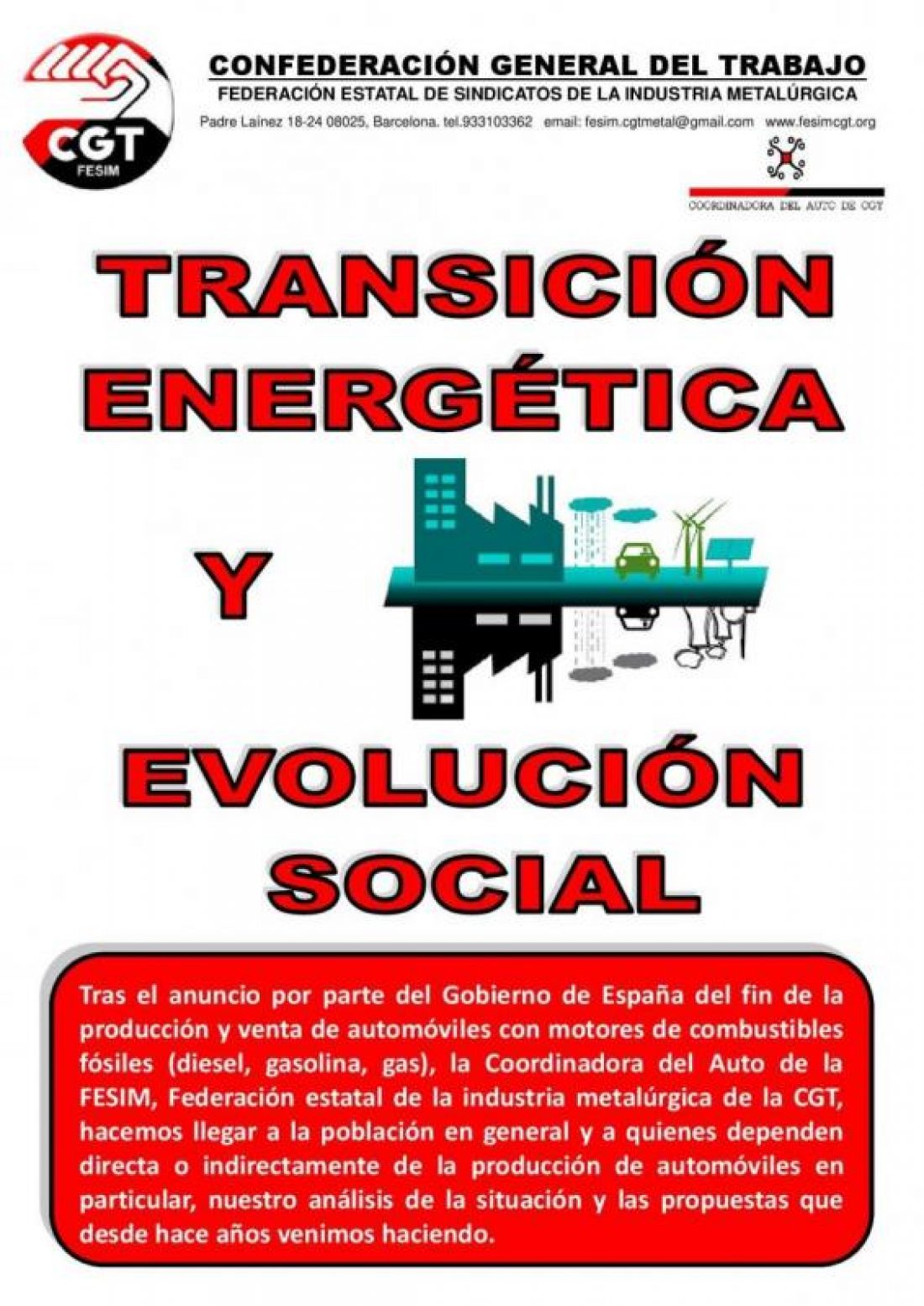 CGT presenta la campaña ‘Transición Energética y Evolución Social’ ante una nueva reconversión de la industria del motor
