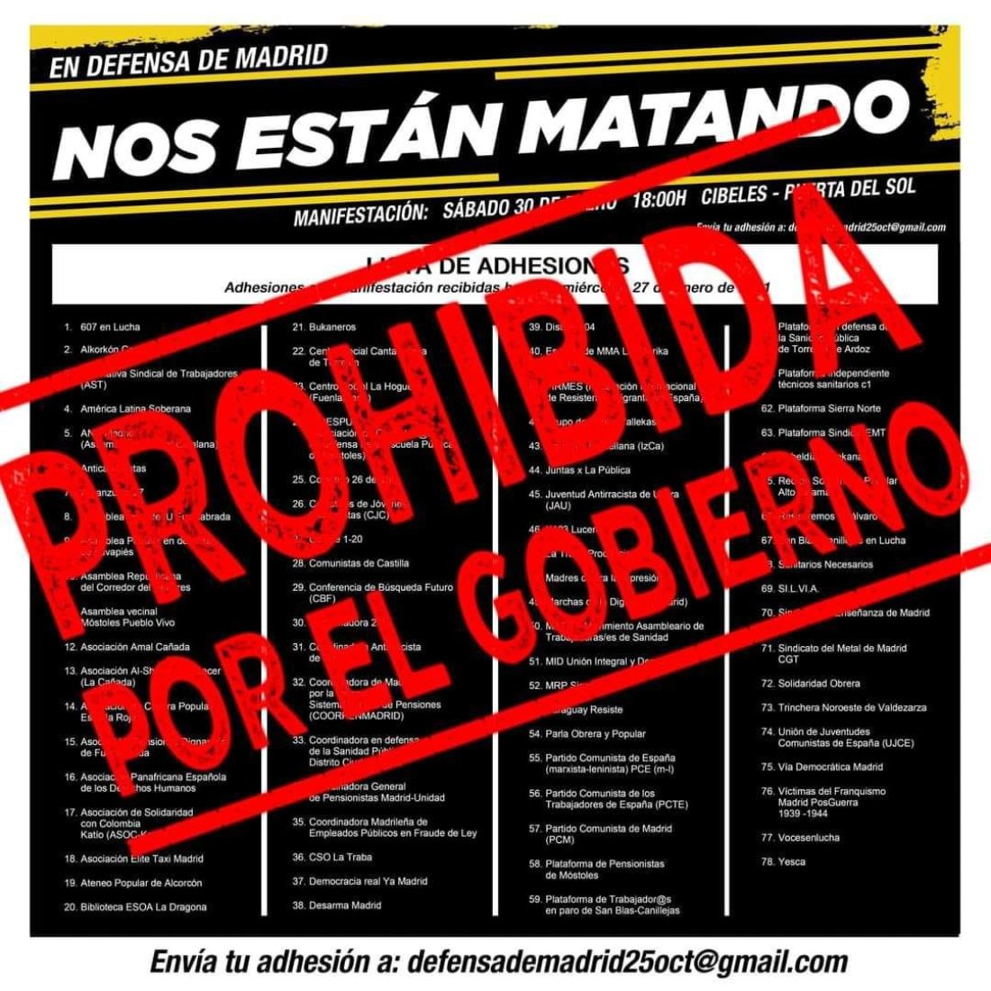 Comunicado de colectivos y organizaciones de los barrios y pueblos de Madrid ante la prohibición de la manifestación del sábado 30 de enero con el lema “Nos están matando”