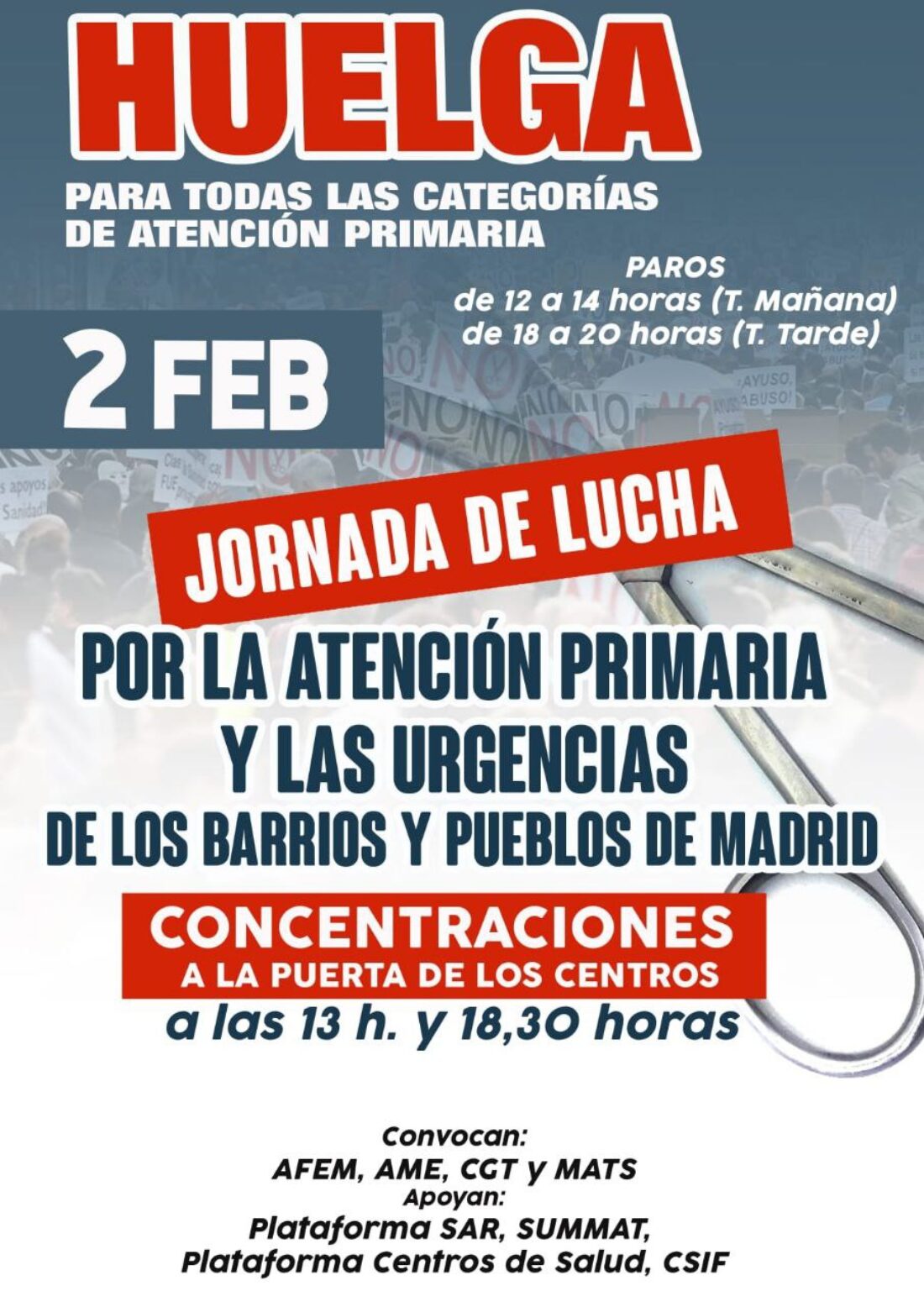 COMUNICADO: PAROS EN TODOS LOS CENTROS DE SALUD DE MADRID EL 2 FEBRERO DE 2023.