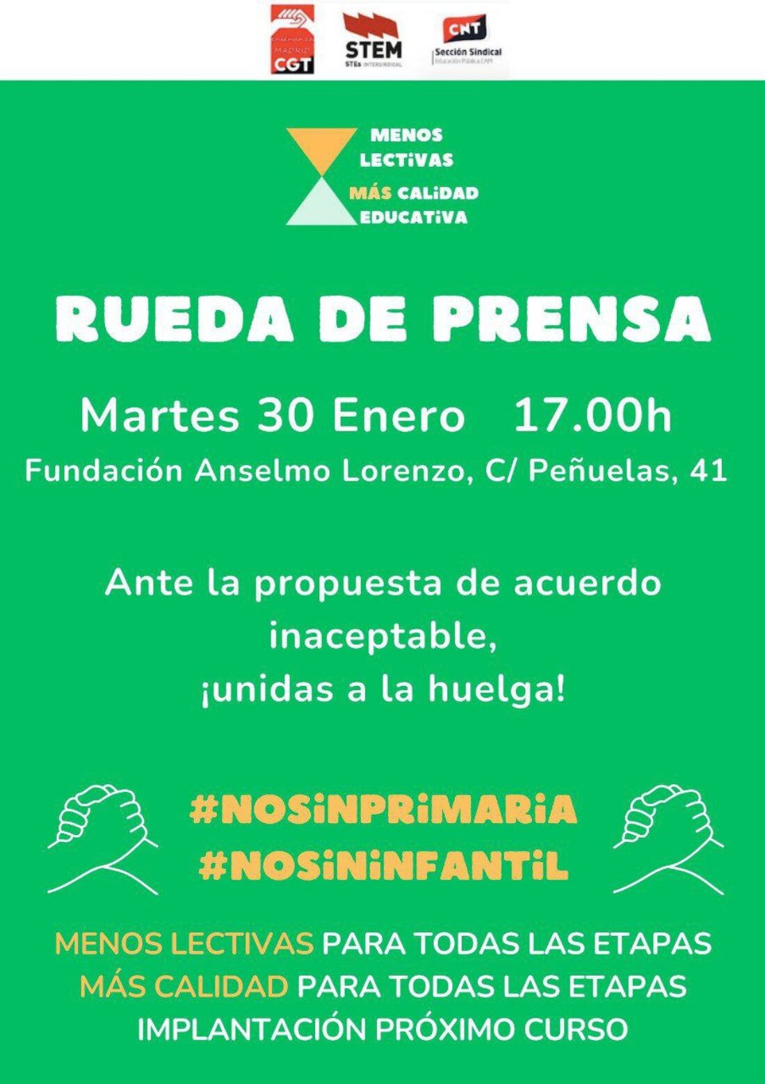 Huelga enseñanza en Madrid: “Por la vuelta a las 18/23 horas lectivas, por la recuperación de nuestros derechos y por la pública».