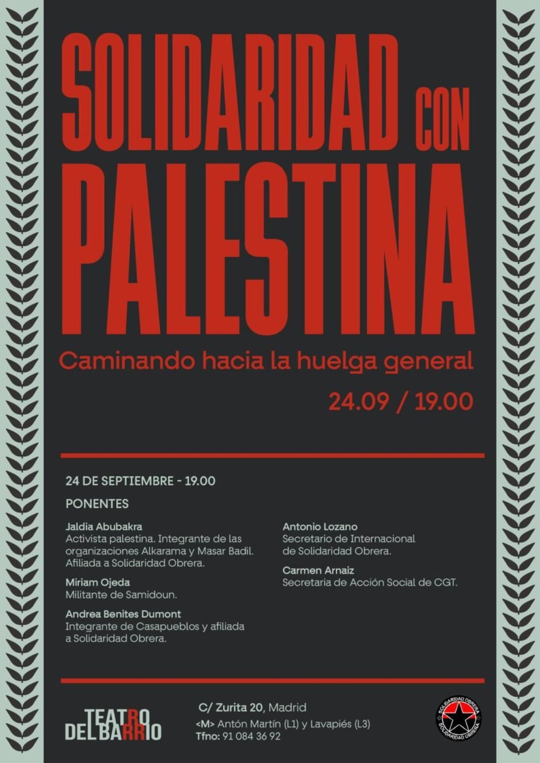 CGT participará en el acto de preparación de la jornada del 27-S organizado por Solidaridad Obrera en Teatro del Barrio.