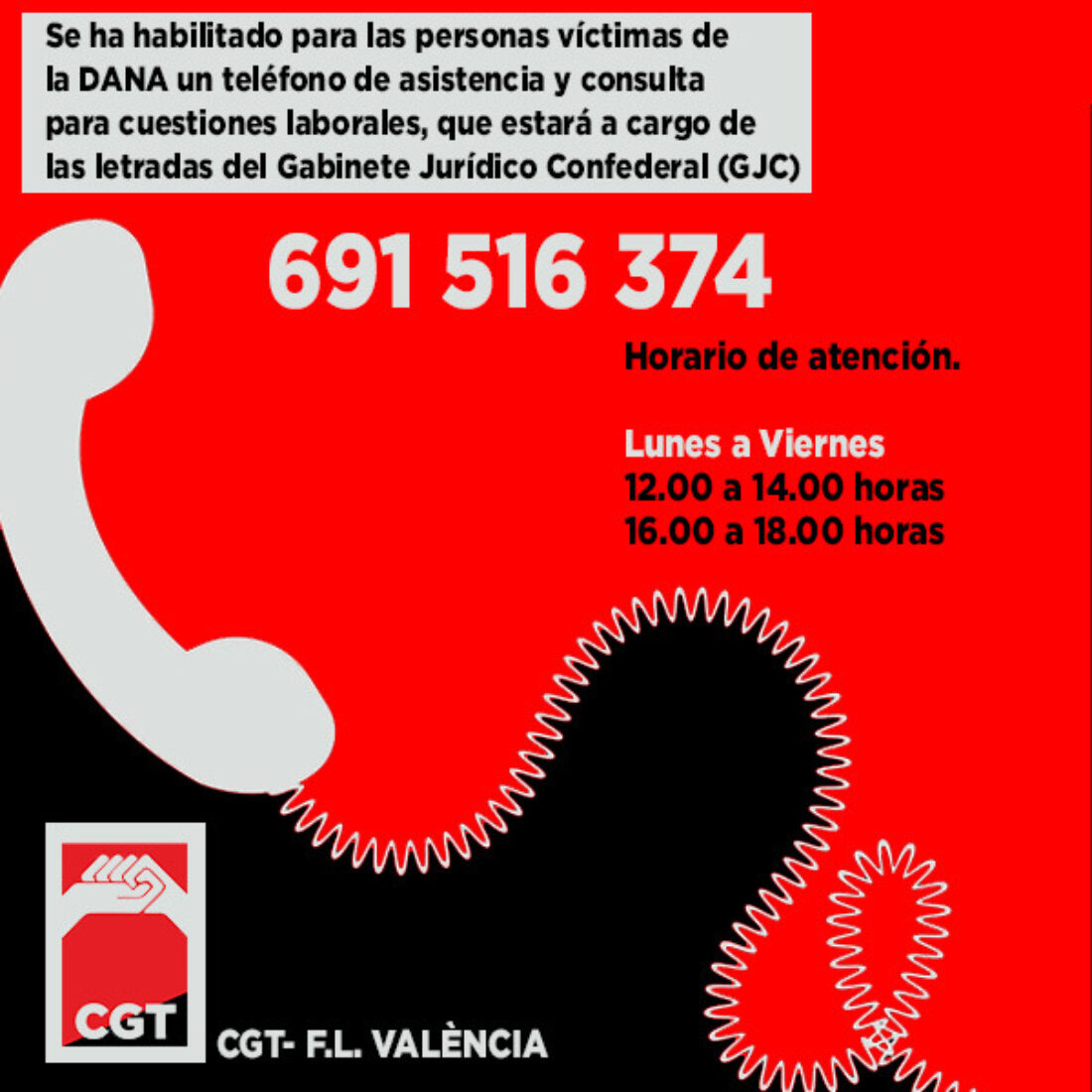 CGT pone a disposición de las víctimas de la DANA un teléfono de asistencia y consulta sobre cuestiones laborales.