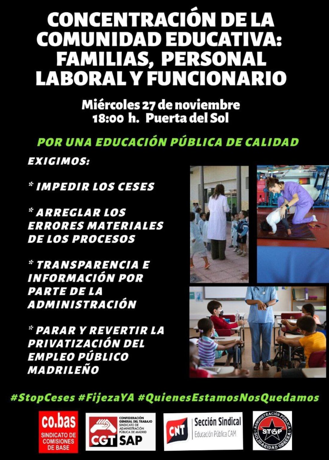 CGT, CNT, SO y COBAS convocan concentración este 27 de noviembre contra la falta de recursos y el despido en los centros educativos.