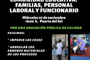 CGT, CNT, SO y COBAS convocan concentración este 27 de noviembre contra la falta de recursos y el despido en los centros educativos.