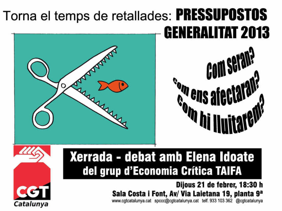 CGT Catalunya. Charla debate en Barcelona sobre los presupuestos de la Generalitat, martes 21 de febrero a las 19:30 h.