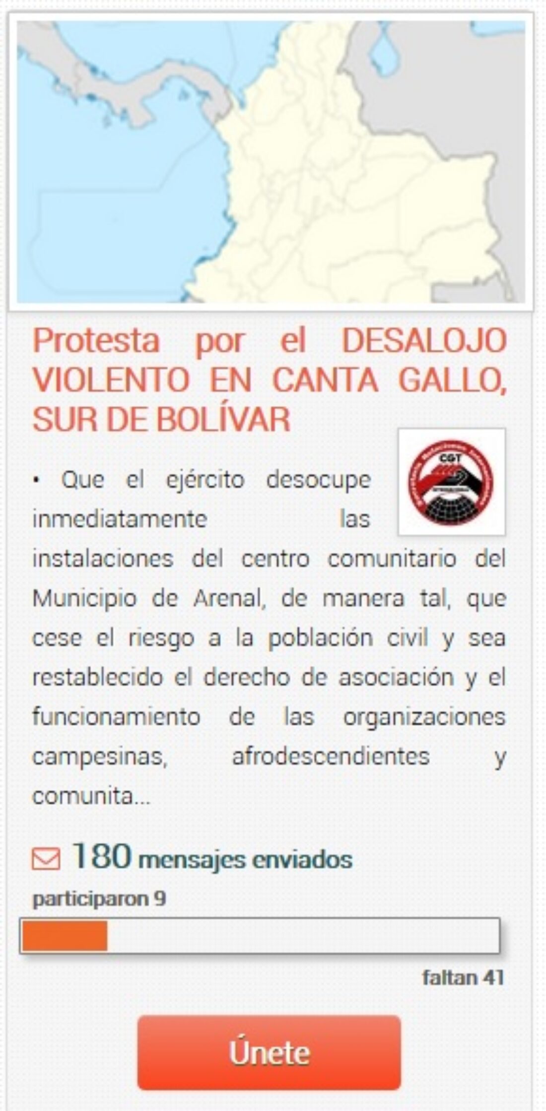 Campaña en oiga.me: Protesta por el Desalojo violento en Canta Gallo, Sur de Bolívar