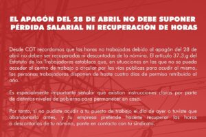 El apagón del 28 de abril no debe suponer pérdida salarial ni recuperación de horas